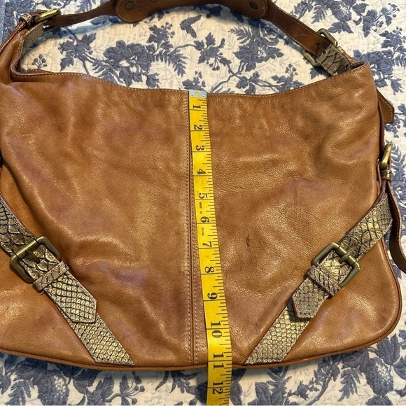 Pulicati Shoulder Bag Italian Made Camel Tan Leather Purse Snakeskin 14.5” x 11” - Picture 10 of 11